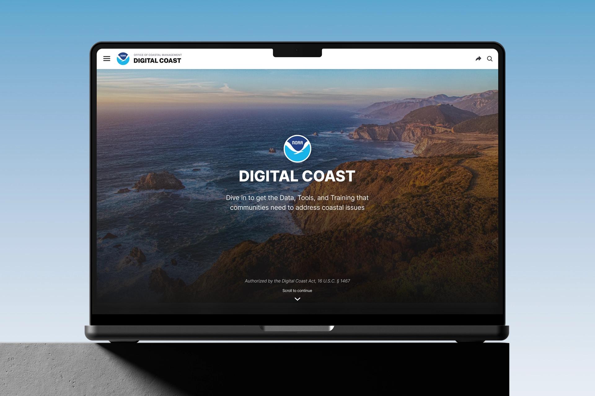 Digital Coast homepage design showing the main interface with data visualization tools